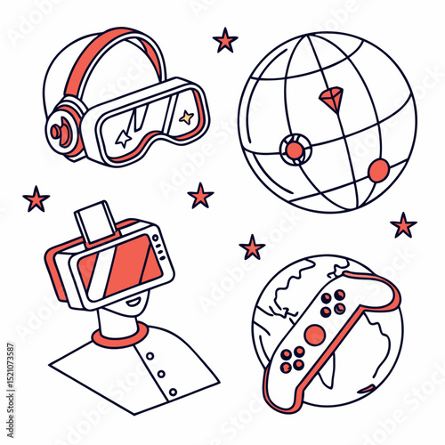 Metaverse line icon set. Minimalistic stickers with virtual reality, modern technologies and innovative gadgets. Futuristic world. Cartoon flat vector .
