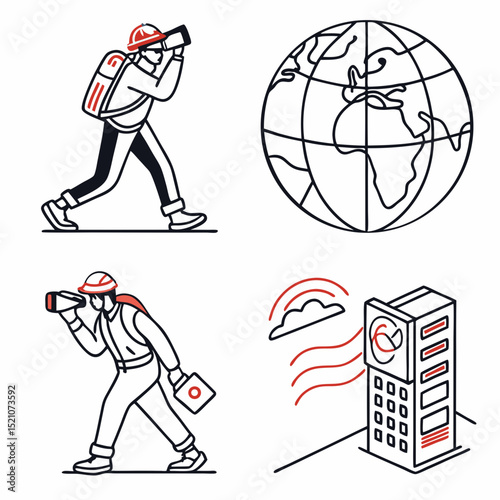 Metaverse line icon set. Minimalistic stickers with virtual reality, modern technologies and innovative gadgets. Futuristic world. Cartoon flat vector .