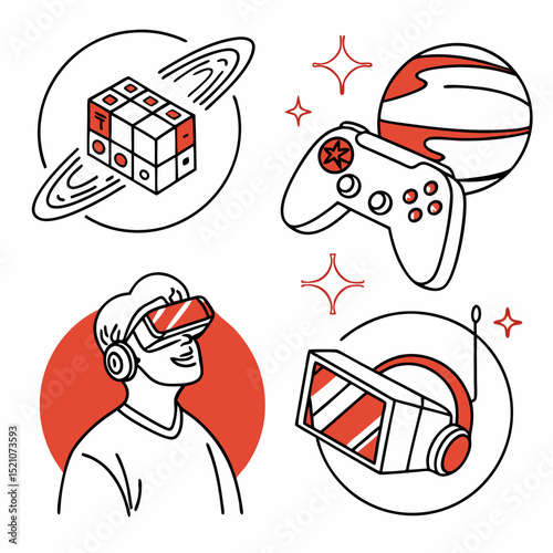 Metaverse line icon set. Minimalistic stickers with virtual reality, modern technologies and innovative gadgets. Futuristic world. Cartoon flat vector .