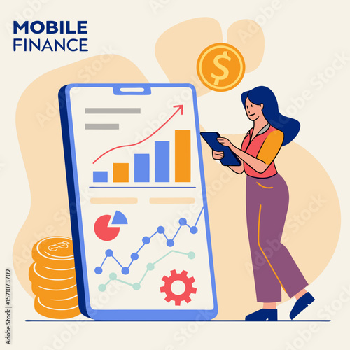 Female analyst with clipboard standing beside large smartphone screen showing financial charts, graphs, and coins on abstract background. Concept of mobile finance. Vector .