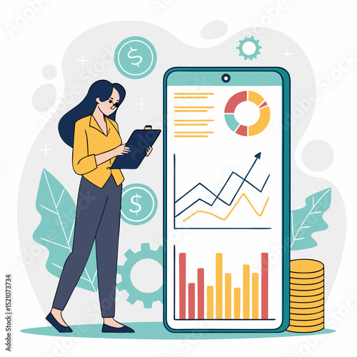 Female analyst with clipboard standing beside large smartphone screen showing financial charts, graphs, and coins on abstract background. Concept of mobile finance. Vector .