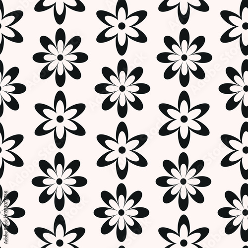 White and black retro 70s groovy flowers seamless pattern. For wallpaper, home décor and fabric.