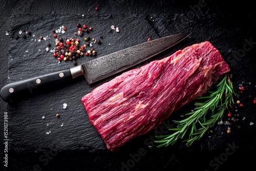 A flank steak is placed on a dark stone surface with a sharp knife beside it. Sprigs of rosemary and peppercorns surround the meat, hinting at upcoming culinary preparation