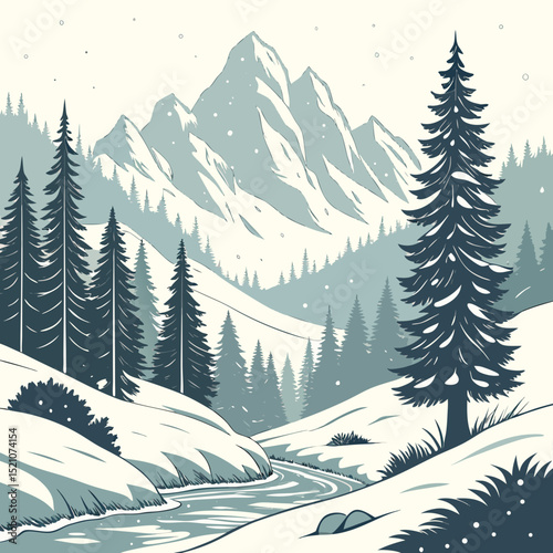 Beautiful winter landscape. Natural scenery with snow capped mountains, rocks, spruce forest and hills with snowdrifts. Wild panorama in cold weather season. Cartoon flat vector .