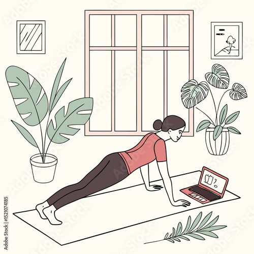 A woman practicing yoga in a living room while watching an online class on her laptop, flat graphic style, with indoor plants and large window in background. Vector .