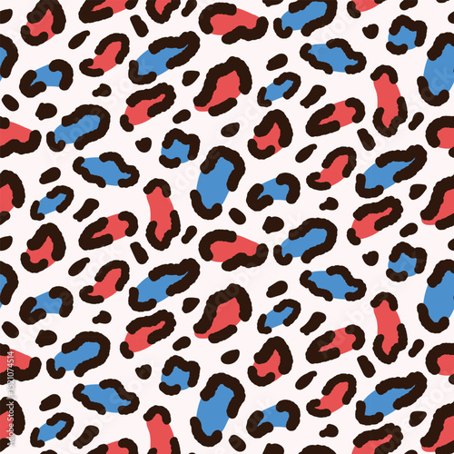 Red and blue  abstract Leopard Print seamless pattern on white background. For fabric, textile and home décor