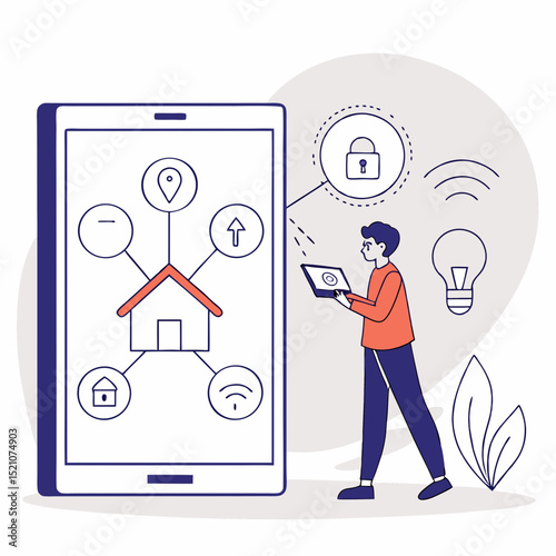 Man holding tablet near a large smartphone screen showing IoT with connected icons of house, padlock, and light bulb, on abstract background. Concept of smart home technology. Vector .