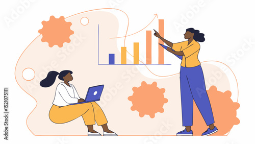 Two women working together using digital devices and charts, flat graphic style, with abstract background, concept of collaboration and data analysis. .