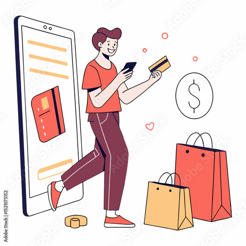 Smiling man uses smartphone for online shopping with credit card, money, big screen and shopping bags on white background. Concept of e-commerce. Vector .