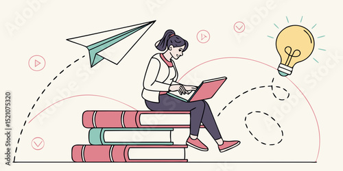 Woman sitting on stacked books using a laptop, surrounded by creative elements like a paper plane and lightbulb, on a pastel background. Concept of education and learning. Vector .