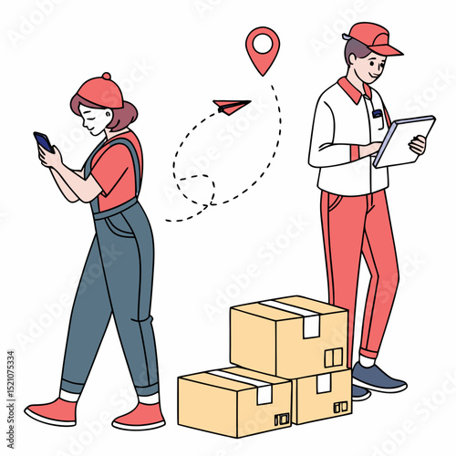 Two people using digital devices for tracking and managing delivery logistics, flat style, with a smartphone and boxes on a white background. Concept of shipment tracking. Vector .