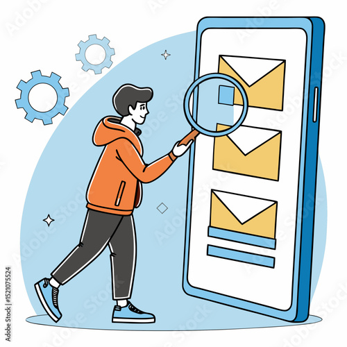 A man in an orange hoodie holds a magnifying glass next to a large smartphone screen showing a SaaS interface, with email and folder icons on a blue background. Vector .