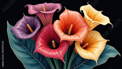 Vibrant calla lily bouquet on black background