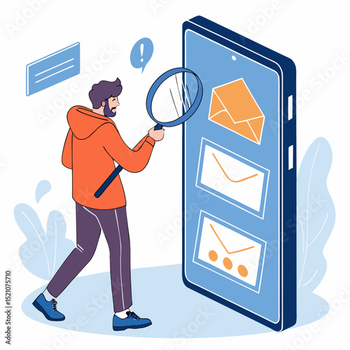 A man in an orange hoodie holds a magnifying glass next to a large smartphone screen showing a SaaS interface, with email and folder icons on a blue background. Vector .