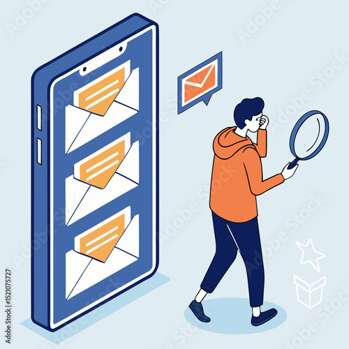A man in an orange hoodie holds a magnifying glass next to a large smartphone screen showing a SaaS interface, with email and folder icons on a blue background. Vector .