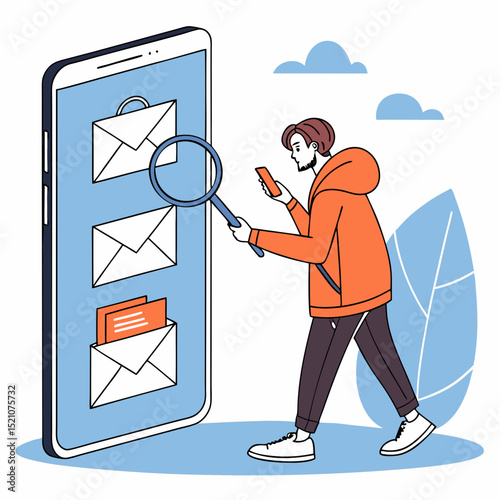 A man in an orange hoodie holds a magnifying glass next to a large smartphone screen showing a SaaS interface, with email and folder icons on a blue background. Vector .