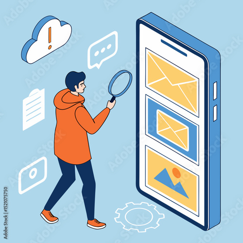 A man in an orange hoodie holds a magnifying glass next to a large smartphone screen showing a SaaS interface, with email and folder icons on a blue background. Vector .