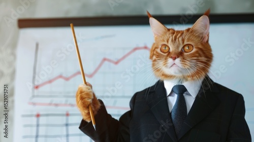 Business cat in suit holding pointer presenting financial charts and graphs in office meeting room