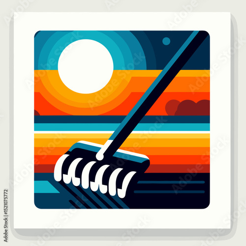 Hand rake illustration with vibrant colors and sunset background design
