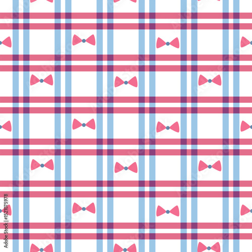 Blue and red plaid tartan with preppy bows seamless pattern. For independence day background,  fabric and textile.