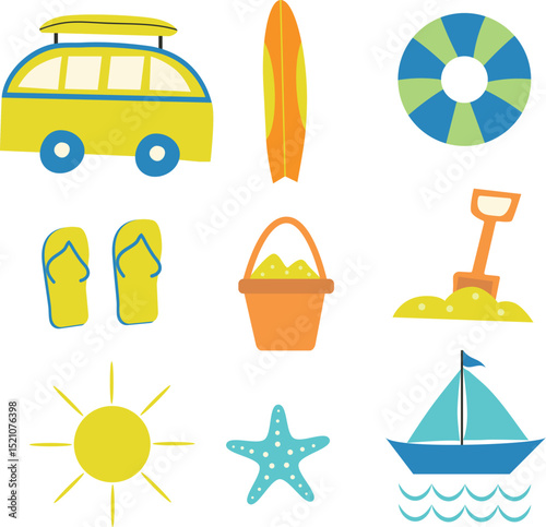 Summer beach 9 isolated elements  featuring life buoy, starfish, rv, surfboard, sun, sand bucket, boat and flip flops . For summer banners, shirts and clip art