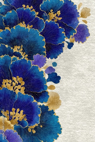 Traditional japanese seigaiha pattern painted in watercolor with overlapping blue and gold wave motifs creating a beautiful and elegant design