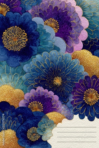 Traditional japanese seigaiha pattern painted in watercolor with overlapping blue and gold wave motifs creating a beautiful and elegant design
