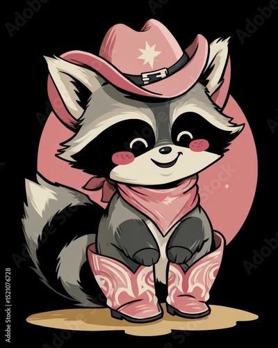 Cute raccoon wearing pink cowboy outfit and boots