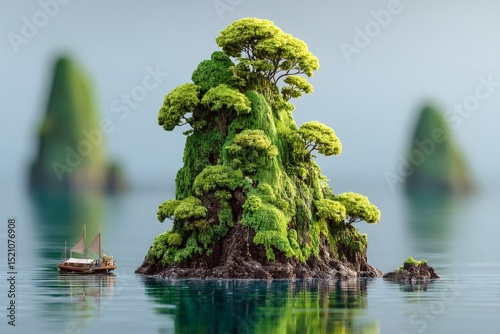 Small boat navigating around a lush, green rock formation in calm waters at sunrise in a serene landscape