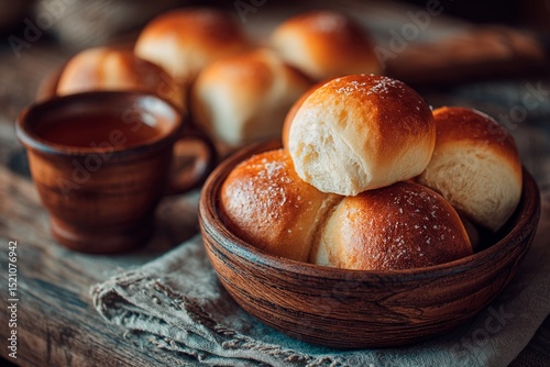 Soft, golden rolls are placed in a wooden bowl alongside a steaming cup of tea. The warm setting on a rustic table creates a cozy atmosphere perfect for afternoon relaxation
