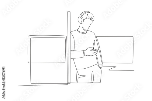 Man listening to music on the train. Listening music on train concept one-line drawing