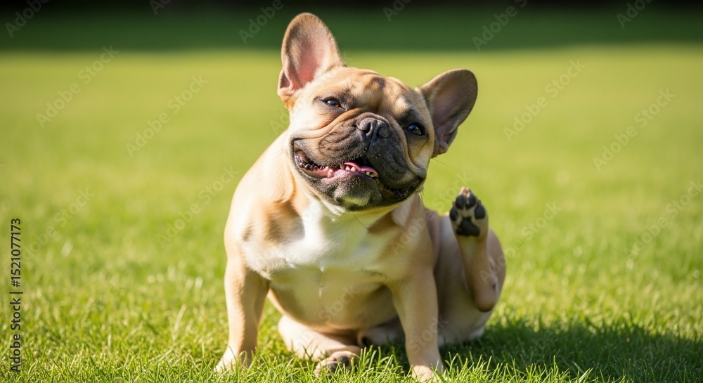 Happy French Bulldog Itching Paw on Green Grass in Sunny Day Happy French Bulldog Itching Paw on Green Grass in Sunny Day