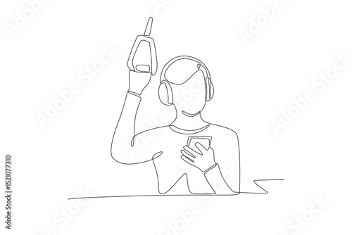 Man listening to music on the train. Listening music on train concept one-line drawing