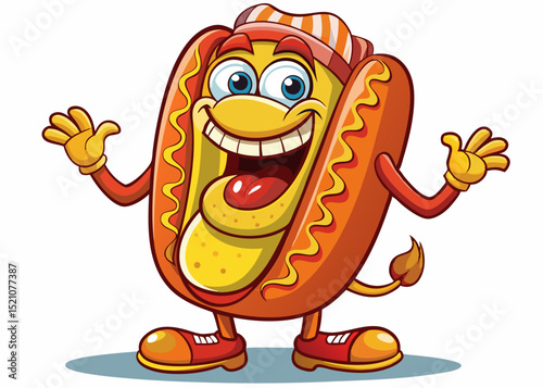 Vector cartoon illustration of a cheerful hot dog mascot character on white background perfect for fast food branding, menus, stickers, fun packaging, and food promotions