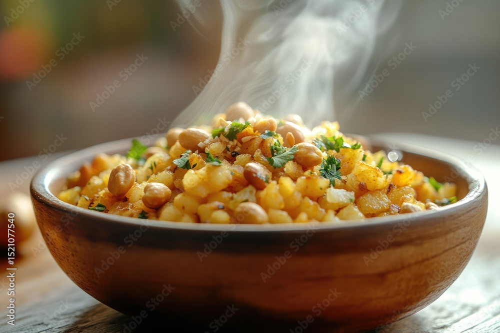 A bowl of steaming, savory potato and peanut dish, seasoned with herbs. A bowl of steaming, savory potato and peanut dish, seasoned with herbs.