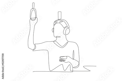 Man listening to music on the train. Listening music on train concept one-line drawing