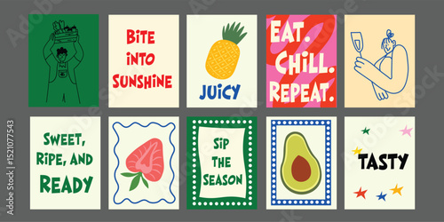 Modern restaurant banner for summer, showcasing ripe tomatoes, broccoli, avocado, pineapple, and granat. Includes catchy food slogans and fresh color palette. Great for food branding, cafe ads, season