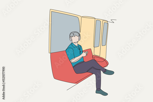 Colored man listening to music on the train. Listening music on train concept one-line drawing