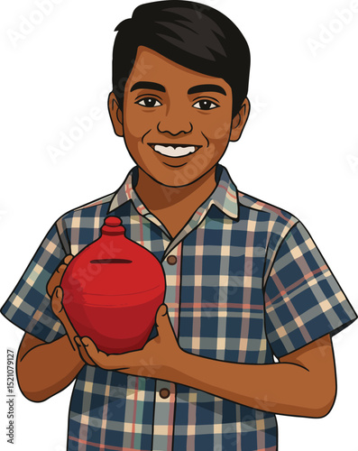 Rural boy kid with money pot vector illustration