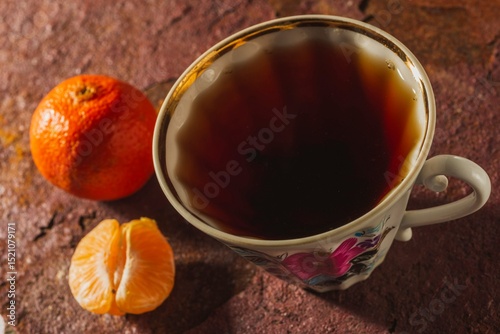 Still life - tea time. Mug of hot drink on a bright background - top view