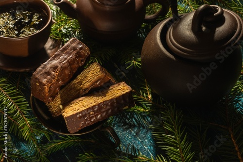 Christmas- still life with a piece of cake and morning tea. Fir tree branches- breakfast on a dark background