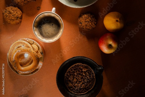 Delicious pancakes- morning breakfast table. Still life - dark photo style. Culinary background - tasty food