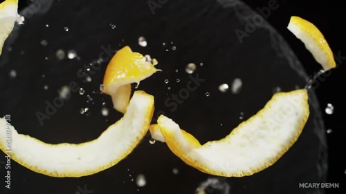 Lemon Peel Spirals With Water Droplets Slow Motion Shot
