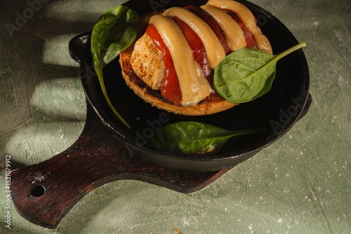 Still life: sandwich, vegetables on a dark green background. Homemade food
