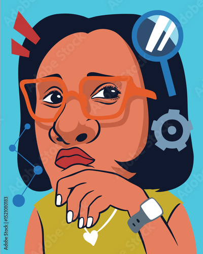 Illustration of a woman wearing glasses thinking about problem solving and research