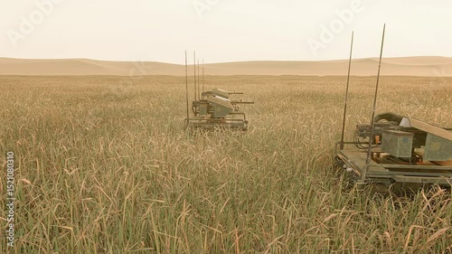 Multiple autonomous unmanned ground vehicles (UGVs), armed with remote weapon stations and sensors, are deployed in the tall grass of the battlefield to engage enemy targets.