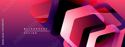 Abstract geometric shapes overlap, creating vibrant purple, pink gradients. Modern design suggests technology, innovation, energy.