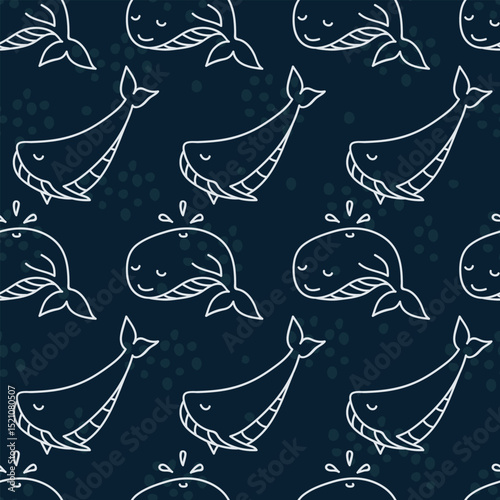 Seamless dark pattern with sperm whales and whales. Print for textile, wallpaper, covers, surface. Retro stylization. For fashion fabric. Sea life pattern