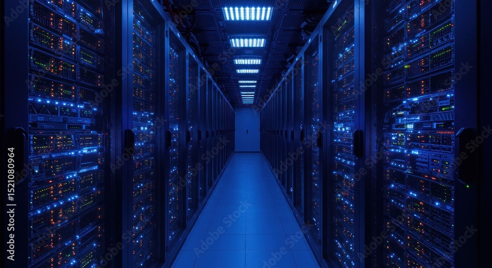 Fototapeta premium A high-tech data center corridor filled with illuminated server racks, showcasing advanced technology