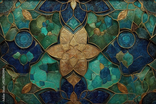 An ornate mosaic tile pattern with floral designs in shades of blue, green, and gold, creating a vintage look and adding a touch of luxury to any space. photo